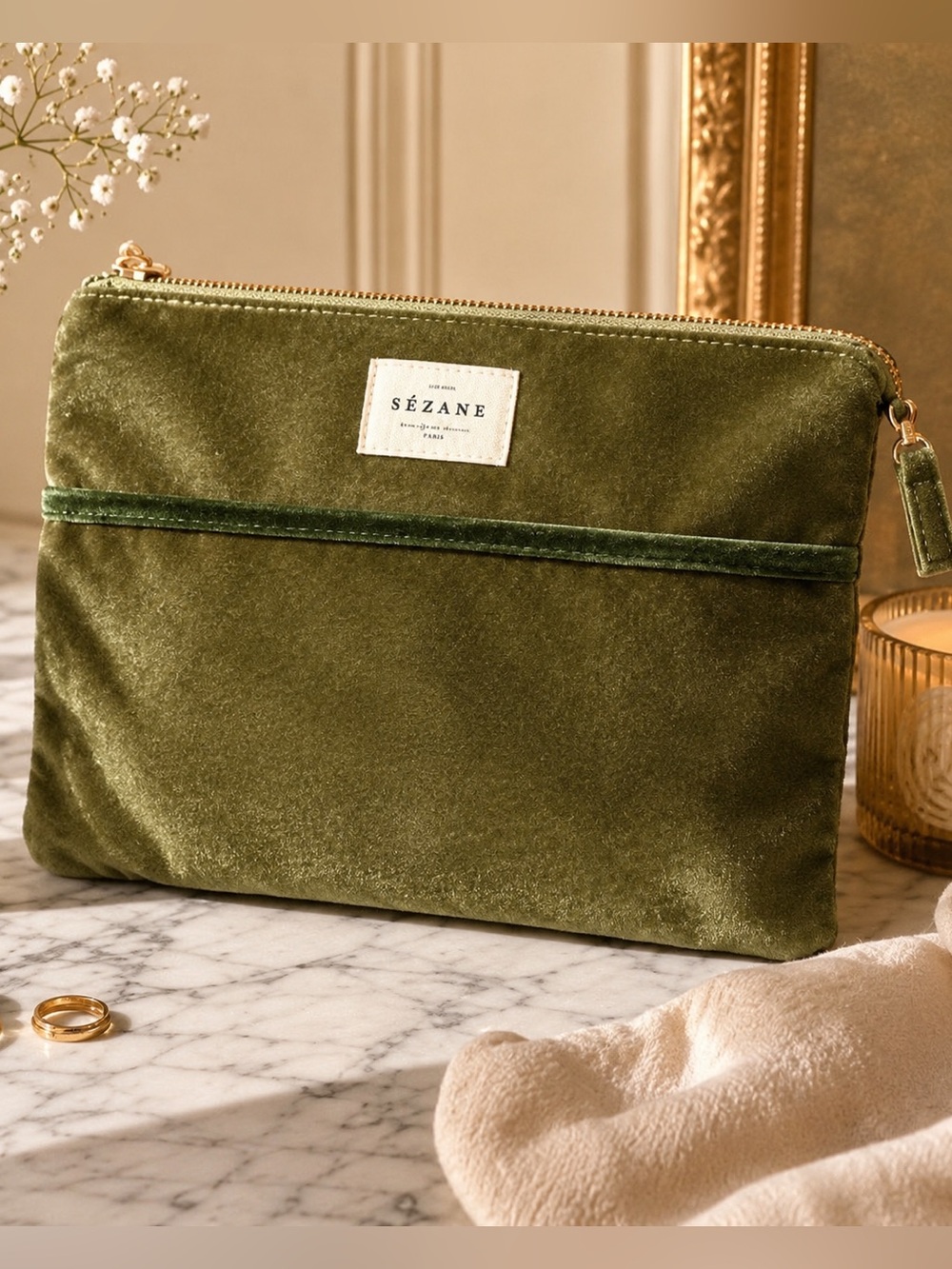 Sézane Olive Green Velvet Cosmetic Pouch Travel Makeup Bag